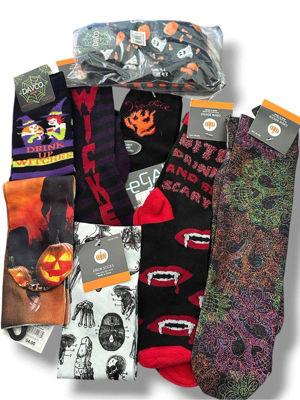 9️⃣ PAIR BUNDLE Halloween SPOOKY GOTH Socks Multi Color WITCH VAMPIRE SKULLS NWT